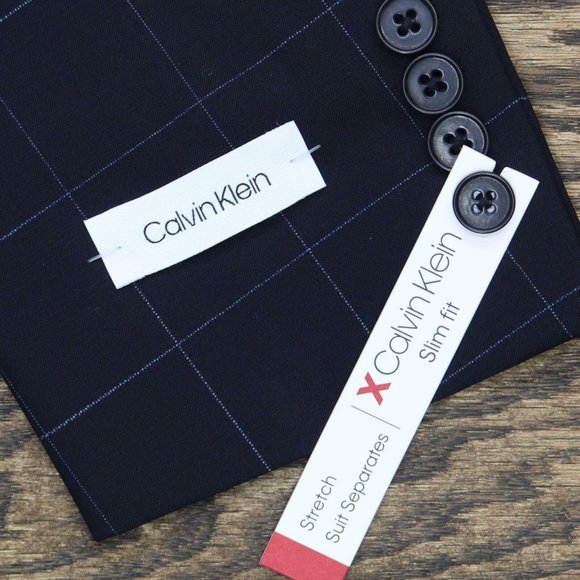 NWT Calvin Klein Men's Extra-Slim Stretch Wool Suit Jacket 40L Blue Windowpane - Picture 7 of 8